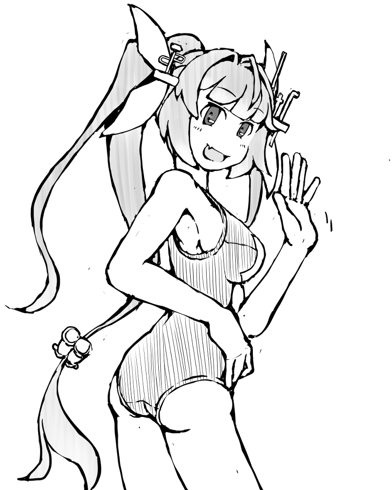 1girl ass breasts commentary_request cowboy_shot fang from_behind greyscale i-19_(kancolle) kantai_collection large_breasts looking_at_viewer looking_back monochrome name_tag school_swimsuit simple_background skin_fang smile solo swimsuit task_(s_task80) tri_tails twintails waving
