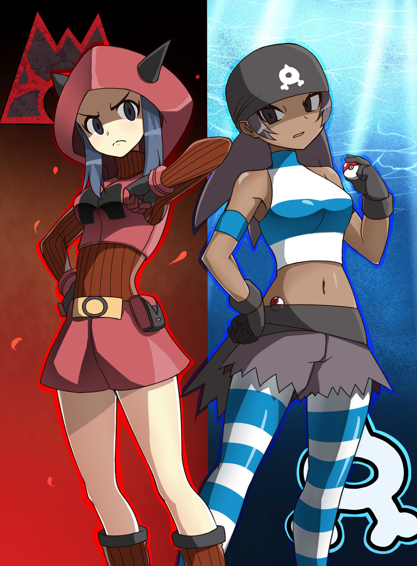 2girls bandana breasts closed_mouth commentary_request cropped_shirt fake_horns frown gloves hand_on_own_hip hand_up highres holding holding_poke_ball hood hood_up horns knees logo multiple_girls navel nintendo pantyhose poke_ball poke_ball_(basic) pokemon pokemon_oras shirt shorts sidelocks sleeveless sleeveless_shirt striped_clothes striped_pantyhose team_aqua team_aqua_grunt team_aqua_grunt_(female) team_aqua_uniform team_magma team_magma_grunt team_magma_uniform zetsuei_(zetto)