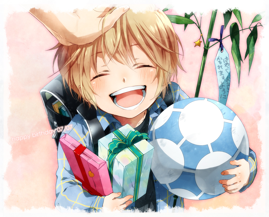 1boy ^_^ bag ball birthday blonde_hair blush box brave_story child closed_eyes gift gift_box hand_on_another&#039;s_head holding holding_gift male_focus mitsuru_(brave_story) nakagawa_waka open_mouth school_bag shirt short_hair smile solo_focus tanabata translation_request