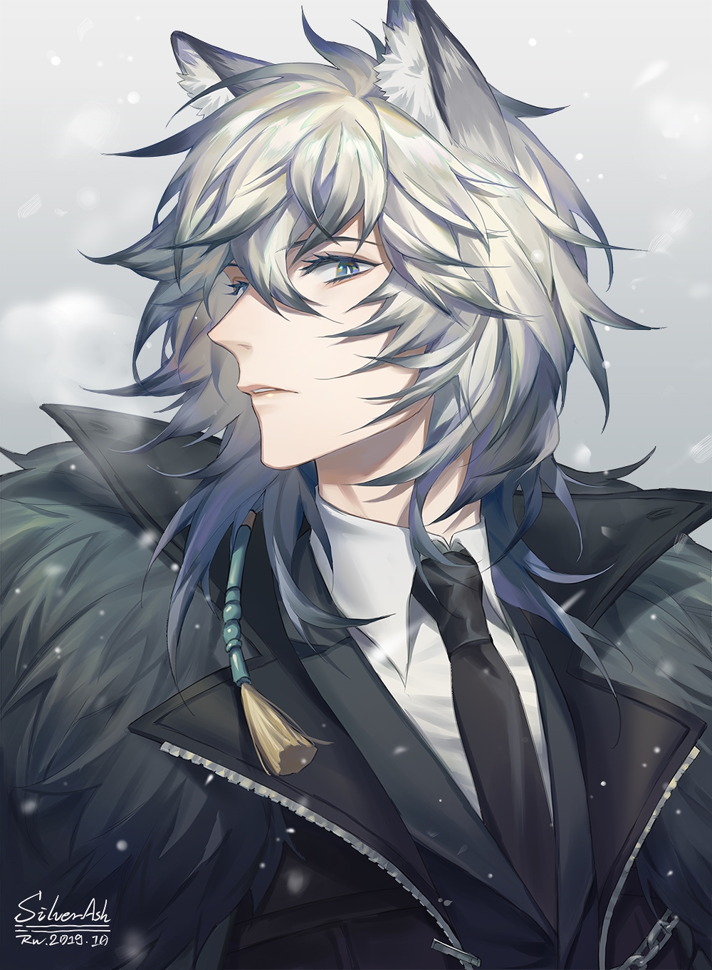 1boy animal_ear_fluff animal_ears arknights artist_name black_jacket black_necktie blue_eyes collared_shirt fur_trim grey_background grey_eyes grey_hair hair_between_eyes highres jacket leopard_ears looking_at_viewer male_focus necktie parted_lips ru_(famia) shirt signature silverash_(arknights) snowing solo tassel upper_body white_shirt