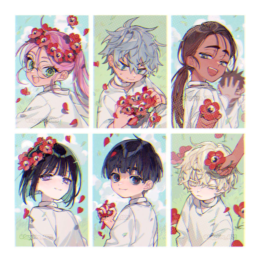 3girls 4boys aged_down alien_stage black_eyes black_hair blonde_hair brown_hair choker closed_mouth colored_eyelashes commentary dark-skinned_female dark-skinned_male dark_skin flower frown giving_flower glasses green_eyes grey_eyes grey_hair head_wreath high_ponytail hyuna_(alien_stage) hyunwoo_(alien_stage) ivan_(alien_stage) long_hair low_ponytail luka_(alien_stage) mizi_(alien_stage) multiple_boys multiple_girls open_mouth pink_hair ponytail purple_eyes pushing_away pushing_face red_flower red_petals red_pupils round_eyewear sapphire_(nine) shirt short_hair smile sua_(alien_stage) symbol-only_commentary till_(alien_stage) twitter_username very_short_hair watermark white_choker white_shirt yellow_eyes