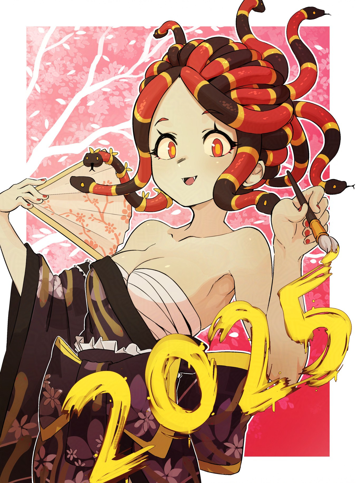 ancient_greek_clothes black_kimono commentary coral_snake_medusa_(suweeka) english_commentary greco-roman_clothes greek_mythology hand_fan highres japanese_clothes kimono medusa_(mythology) new_year original paint paintbrush paper_fan red_eyes ribbon snake_hair suweeka yellow_pupils yellow_ribbon