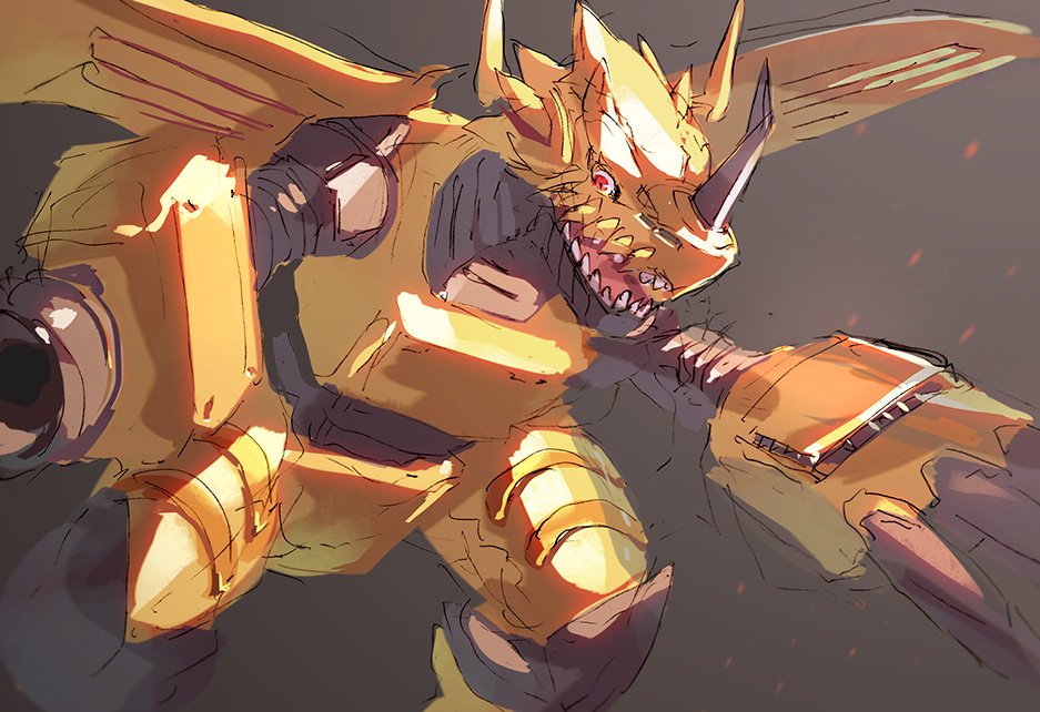 claws cyborg digimon digimon_(creature) open_mouth sharp_teeth solo teeth tyrannosaurus_rex zekegreymon