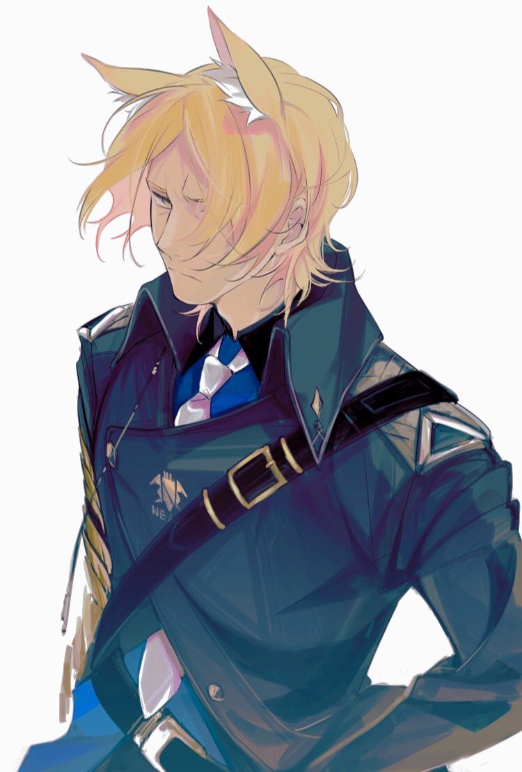 1boy animal_ear_fluff animal_ears arknights belt black_belt black_coat blonde_hair blue_pants blue_shirt coat collared_shirt cowboy_shot frown hair_over_one_eye hands_in_pockets horse_boy horse_ears ieiieiiei looking_at_viewer male_focus mlynar_(arknights) multiple_belts necktie pants shirt short_hair simple_background solo white_background white_necktie