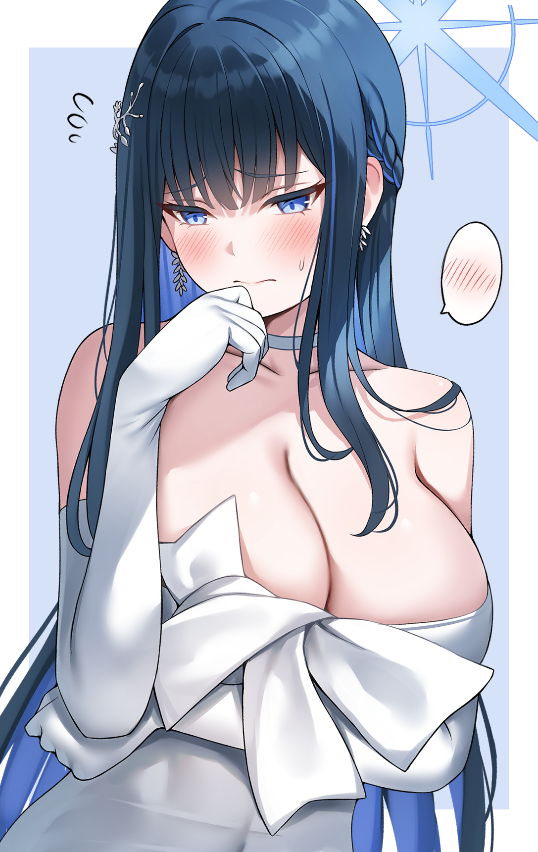1girl bare_shoulders black_hair blue_archive blue_background blue_eyes blue_hair blush border breasts choker cleavage closed_mouth collarbone colored_inner_hair commentary_request covered_navel dress earrings elbow_gloves gloves hair_ornament halo highres jewelry large_breasts long_hair multicolored_hair nano_(syoutamho) official_alternate_costume saori_(blue_archive) saori_(dress)_(blue_archive) solo variant_set white_border white_dress white_gloves