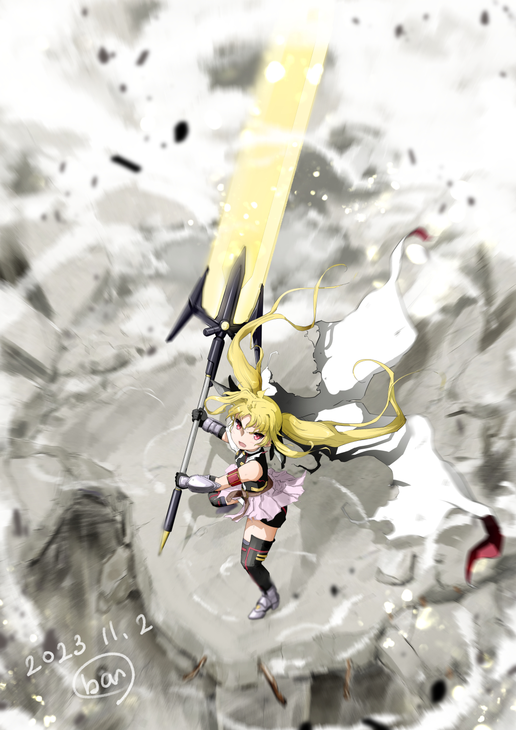 1girl armored_gloves armored_shoes ban_(777purin) bardiche_(nanoha) bardiche_(zanber_form)_(nanoha) black_thighhighs blonde_hair cape energy_sword fate_testarossa fate_testarossa_(blaze_form) from_above full_body highres holding holding_sword holding_weapon lyrical_nanoha mahou_shoujo_lyrical_nanoha mahou_shoujo_lyrical_nanoha_a&#039;s mahou_shoujo_lyrical_nanoha_the_movie_2nd_a&#039;s red_eyes showgirl_skirt solo sword thighhighs torn_cape torn_clothes twintails weapon white_cape