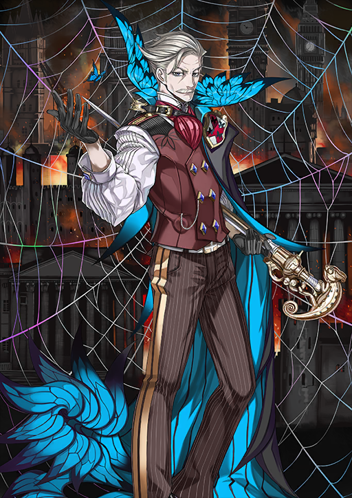 1boy architecture ascot belt black_cape black_gloves blue_butterfly blue_cape brown_pants bug building butterfly buttons cane cape chain chameleon clock clock_tower coat_of_arms cuff_links double-breasted dress_shirt embers european_architecture facial_hair fate/grand_order fate_(series) feet_out_of_frame fire gloves grey_facial_hair grey_hair hand_up high_collar holding holding_cane honjou_raita insect james_moriarty_(archer)_(fate) male_focus mature_male mustache official_art old old_man pants pinstripe_pants pinstripe_pattern red_ascot red_vest shirt short_hair side_cape sideburns silk skyline solo spider_web standing third-party_source three-quarter_sleeves tower two-sided_cape two-sided_fabric variant_set vest waistcoat white_belt white_shirt wrinkled_skin