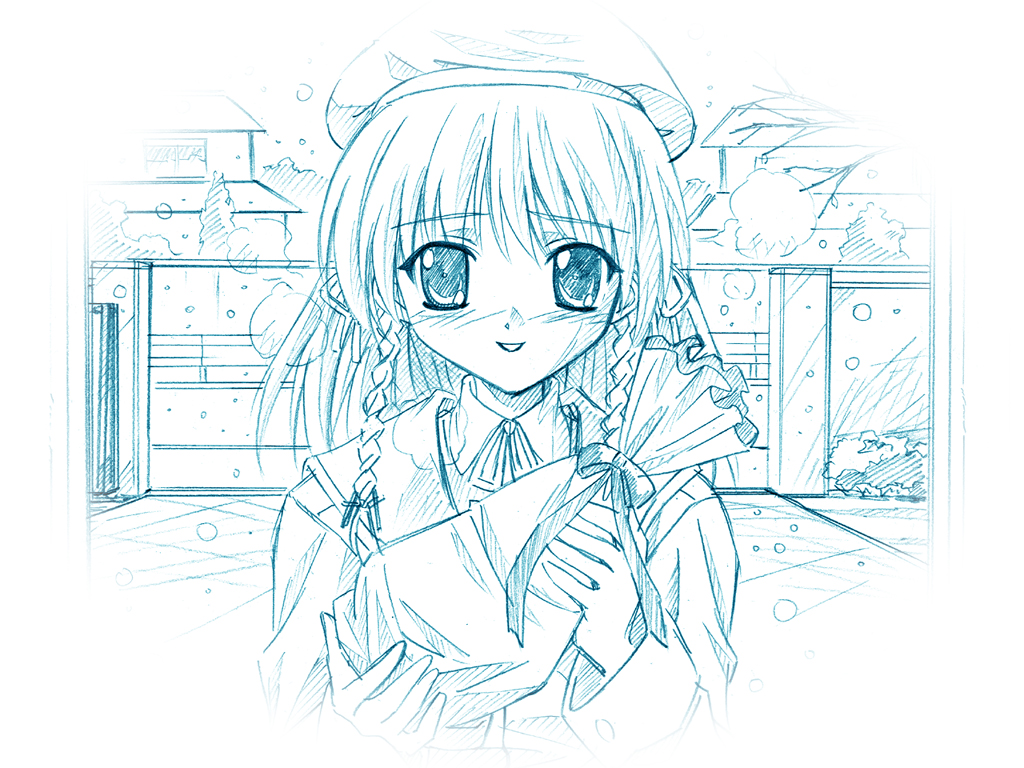 1girl 2000s_(style) aizawa_takashi aqua_outline archived_source bag bare_tree beret blush braid branch bush buttoned_cuffs buttons collared_shirt cross cross_hair_ornament fence from_inside gate gift_bag hair_ornament hat holding holding_bag house iron_fence jacket koshimizu_takayuki latin_cross long_hair long_sleeves looking_at_viewer low-braided_long_hair low-tied_long_hair low_twintails neck_ribbon official_art official_wallpaper open_mouth outdoors outline production_art ribbon sailor_collar second-party_source shirt sketch snowing solo straight-on suburb tentama tentama:_1st_sunny_side tree twin_braids twintails undershirt upper_body white_background window wing_collar yoshizawa_hatsune