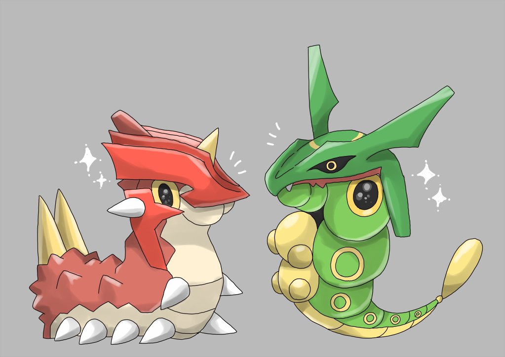 ^^^ caterpie caterpillar cosplay gen_1_pokemon gen_3_pokemon grey_background groudon groudon_(cosplay) legendary_pokemon nintendo no_humans pokemon pokemon_(creature) rayquaza rayquaza_(cosplay) sparkle volpecorvo wurmple