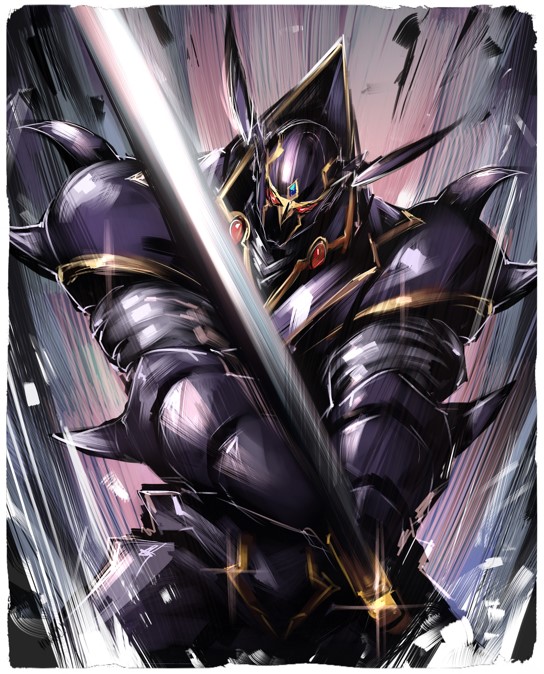 1boy armor border breastplate buster_blader commentary cowboy_shot debris disutihada duel_monster full_armor gauntlets helmet holding holding_sword holding_weapon male_focus pauldrons shoulder_armor shoulder_spikes solo spikes sword weapon white_border yu-gi-oh!