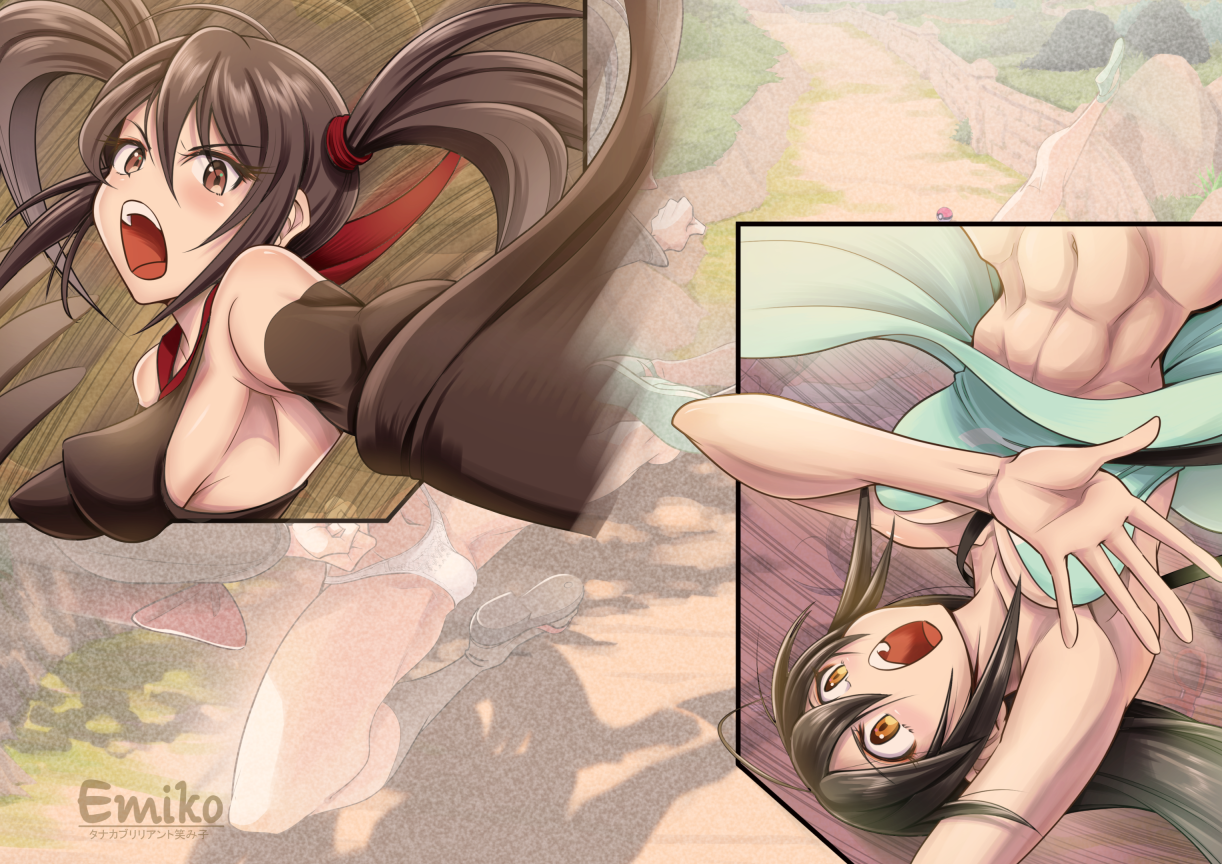 2girls :o abs bare_shoulders breasts brown_eyes brown_hair clothes_lift commentary_request detached_sleeves dress dress_lift eyelashes furisode_girl_(pokemon) furisode_girl_kali green_dress hair_between_eyes hand_up long_hair multiple_girls navel nekokami nintendo open_mouth perky_breasts pokemon pokemon_sm pokemon_xy sightseer_(pokemon) strap strapless strapless_dress teeth tongue twintails upper_teeth_only