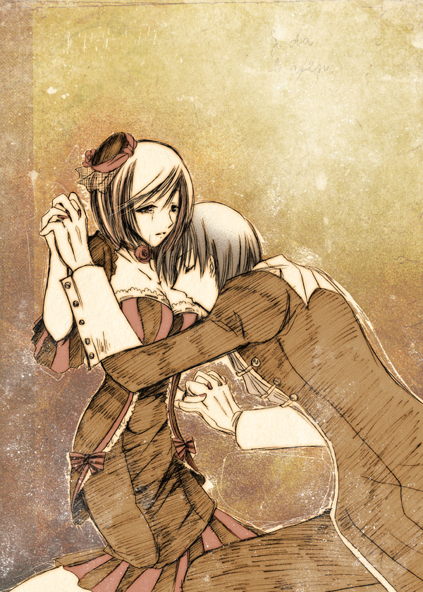 1boy 1girl arm_up ascot bow breasts cantarella_(vocaloid) choker cleavage closed_eyes crying fingernails flower formal_clothes frilled_sleeves frills hat hat_rose head_on_chest hobble_dress interlocked_fingers kaito_(vocaloid) kissing_breast kneeling large_breasts long_dress lovers_suicide_oblivion_(vocaloid) meiko_(lorelei)_(vocaloid) meiko_(vocaloid) microphone mini_hat monochrome project_diva_(series) project_diva_extend rose sepia shoes short_hair spot_color striped_bow suit vocaloid yamato_(orange_rain)