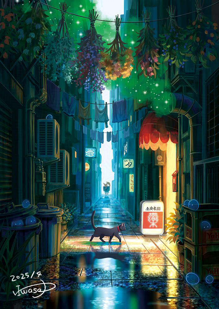 1other ajirogasa alley animal_ears beer_crate black_cat blue_flower blue_kimono cat clothesline commentary_request condenser_unit dated fantasy flower gas hat holding holding_unworn_clothes holding_unworn_hat industrial_pipe japanese_clothes kimono laundry orange_flower original outdoors pants pink_flower plant potted_plant puddle purple_flower scenery shirt signature trash_can unworn_hat unworn_headwear unworn_pants unworn_shirt water wide_sleeves yukoiwase