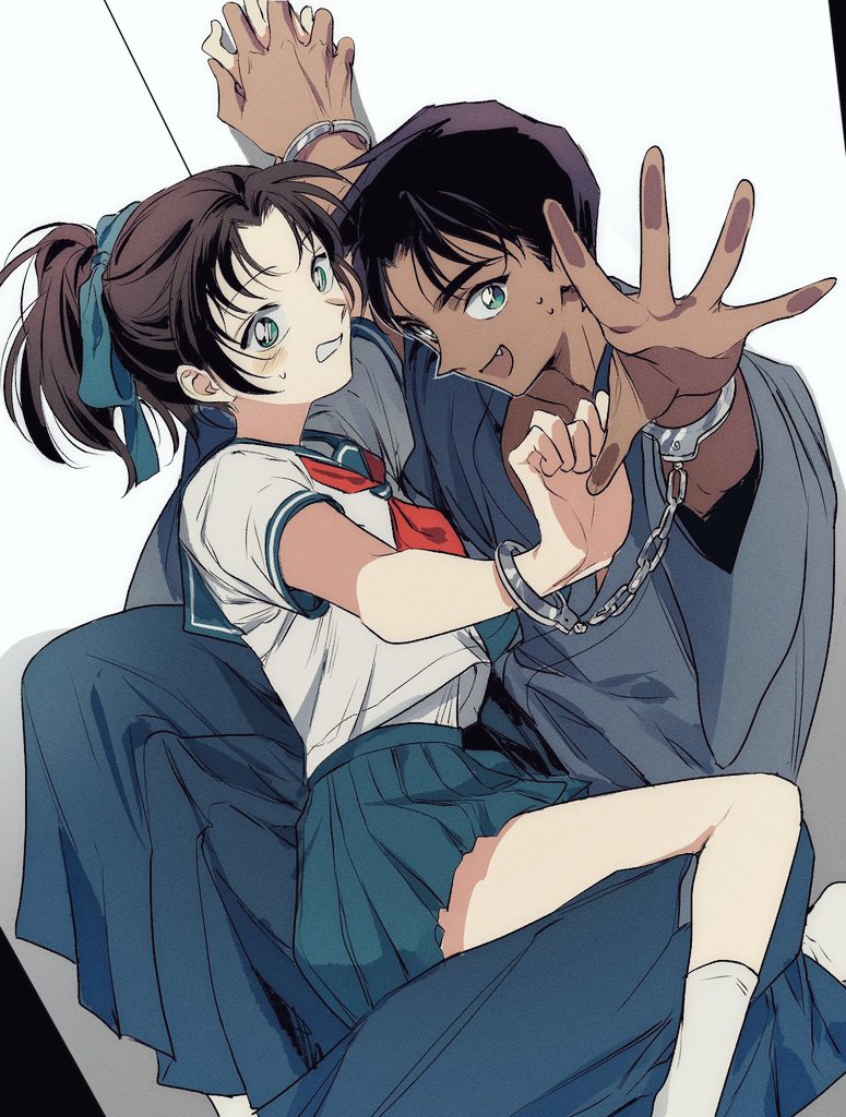 1boy 1girl black_hair blue_bow blue_hakama blue_skirt bound bow cuffs dark-skinned_male dark_skin dress green_eyes grey_kimono hakama hakama_pants handcuffed_together handcuffs hattori_heiji japanese_clothes kimono m_m_pb meitantei_conan neckerchief pants red_neckerchief sailor_dress shirt sitting sitting_on_lap sitting_on_person skirt socks tooyama_kazuha white_shirt white_socks