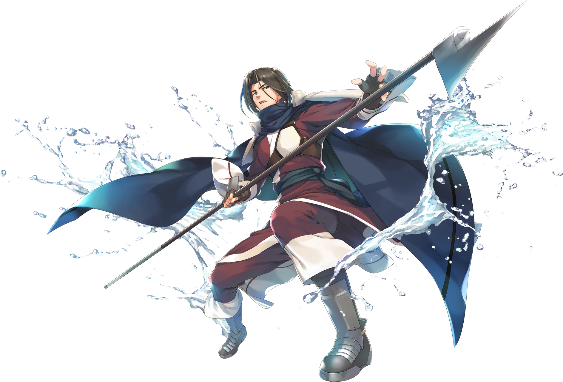 1boy amazuyu_tatsuki aquaplus armor armored_boots benawi boots brown_hair coat full_body gauntlets greaves green_eyes highres holding holding_polearm holding_spear holding_weapon looking_to_the_side male_focus medium_hair official_art open_mouth polearm scarf serious solo spear transparent_background utawarerumono utawarerumono:_lost_flag water weapon