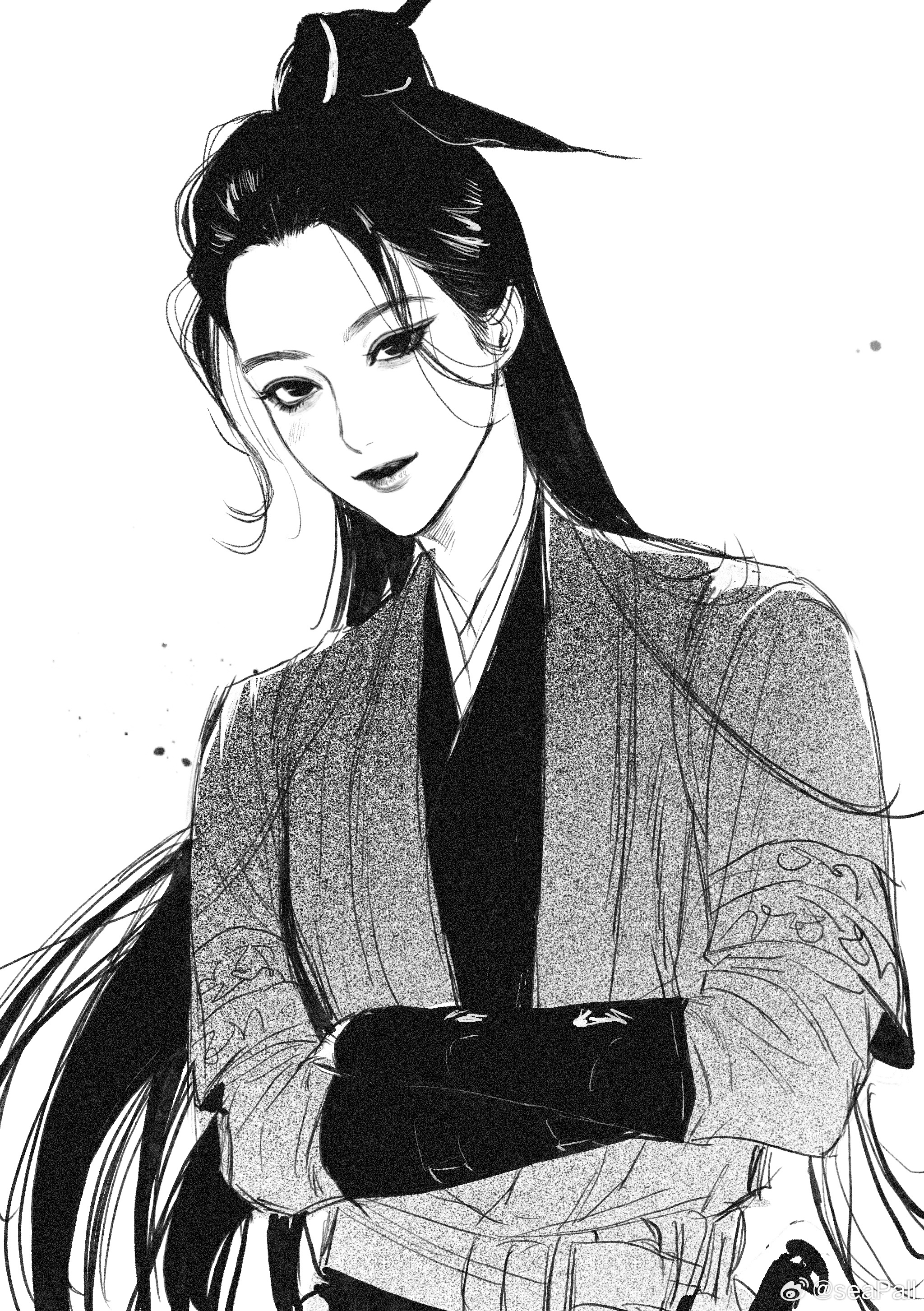 1boy absurdres arm_belt bracer character_request chinese_clothes chinese_commentary commentary_request copyright_request crossed_arms eyelashes forehead greyscale hair_bun hair_ornament hairpin hanfu highres layered_sleeves lips long_hair long_sleeves looking_at_viewer male_focus monochrome parted_lips robe seapall short_over_long_sleeves short_sleeves simple_background single_hair_bun smile solo straight_hair thick_eyebrows topknot upper_body very_long_hair white_background