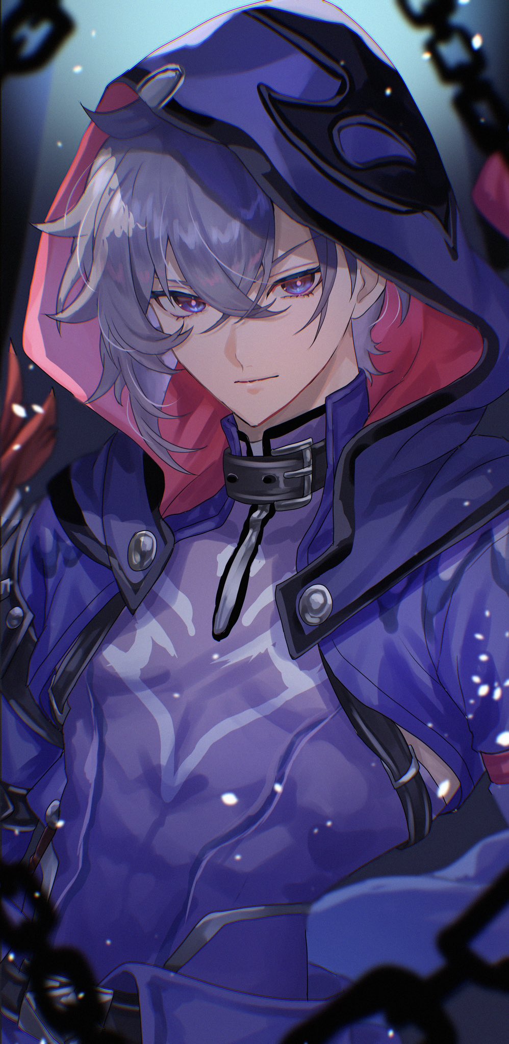 1boy belt belt_buckle belt_collar black_belt buckle chain closed_mouth collar commentary compression_shirt crossed_bangs grey_hair hashtag-only_commentary highres honkai_(series) hood hood_up hooded_jacket jacket light_particles male_focus moze_(honkai:_star_rail) purple_eyes purple_jacket purple_shirt shiro_(deucqvhzjb2blzg) shirt solo two-sided_fabric two-sided_jacket upper_body
