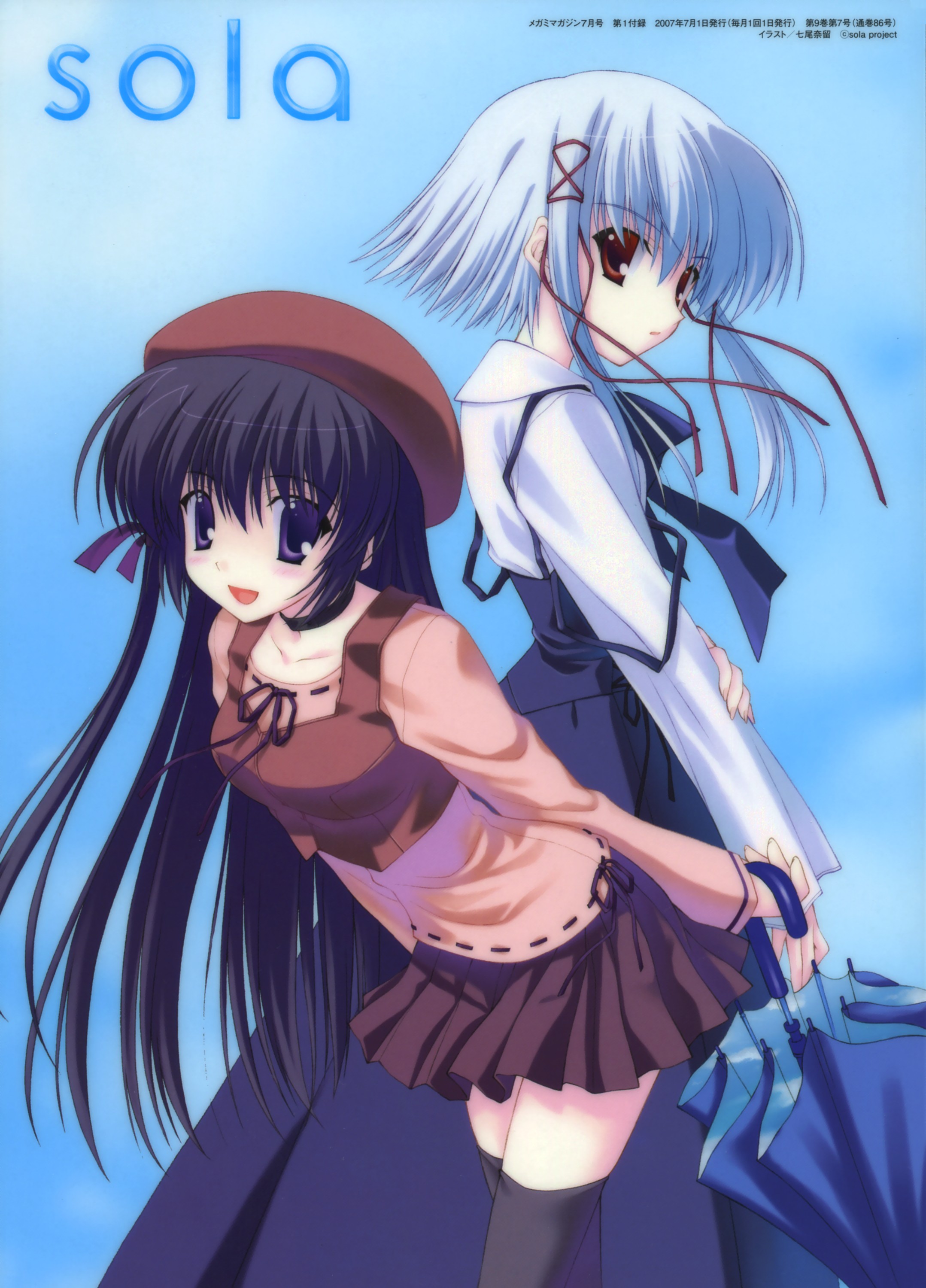 2000s_(style) 2girls absurdres beret black_hair black_legwear blue_background color_issue copyright_name hat highres magazine_scan megami_magazine morimiya_aono multiple_girls nanao_naru official_art scan shihou_matsuri simple_background sola thighhighs white_hair zettai_ryouiki