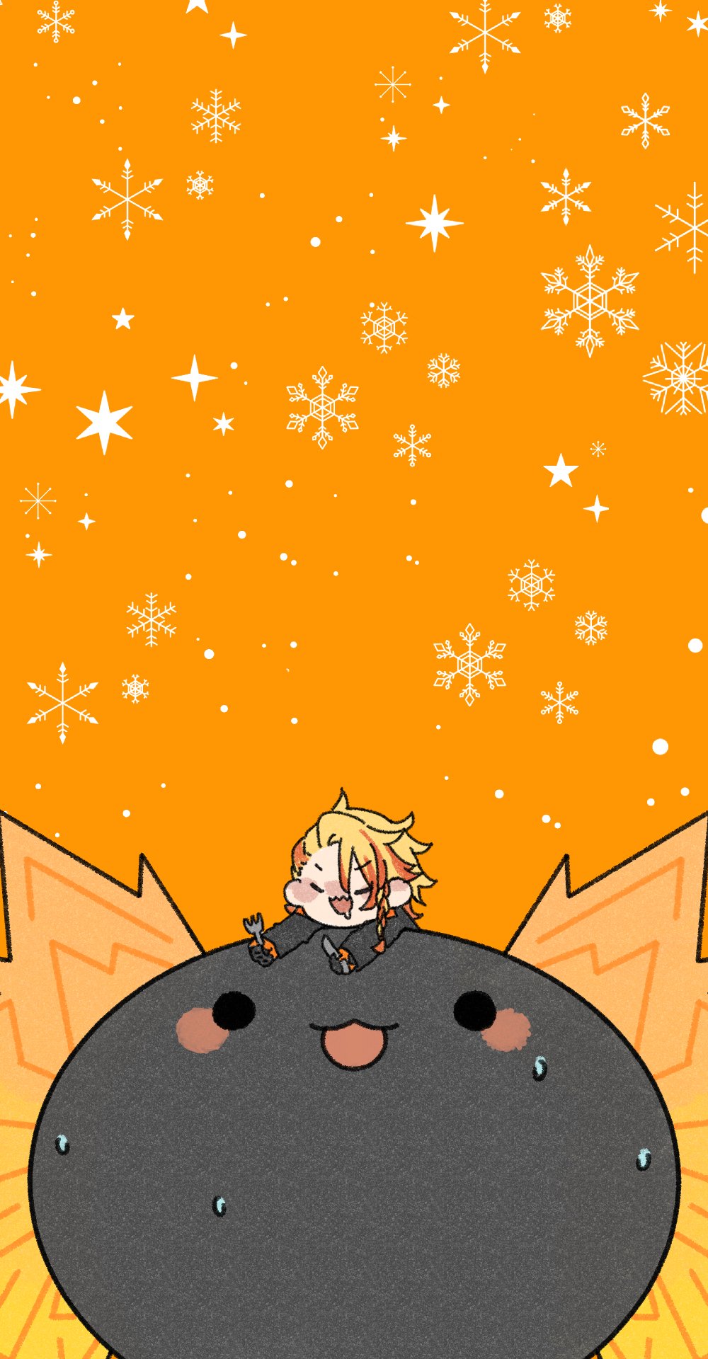 1boy alternate_size axel_syrios axelotl_(axel_syrios) axolotl black_gloves blonde_hair braid closed_eyes drooling fork gloves hair_between_eyes highres holding holding_fork holding_knife holostars holostars_english knife long_sleeves looking_at_another male_focus multicolored_hair nervous_sweating nynna_n on_animal open_mouth orange_background orange_hair side_braid snowflakes snowing star_(symbol) sweat virtual_youtuber winter
