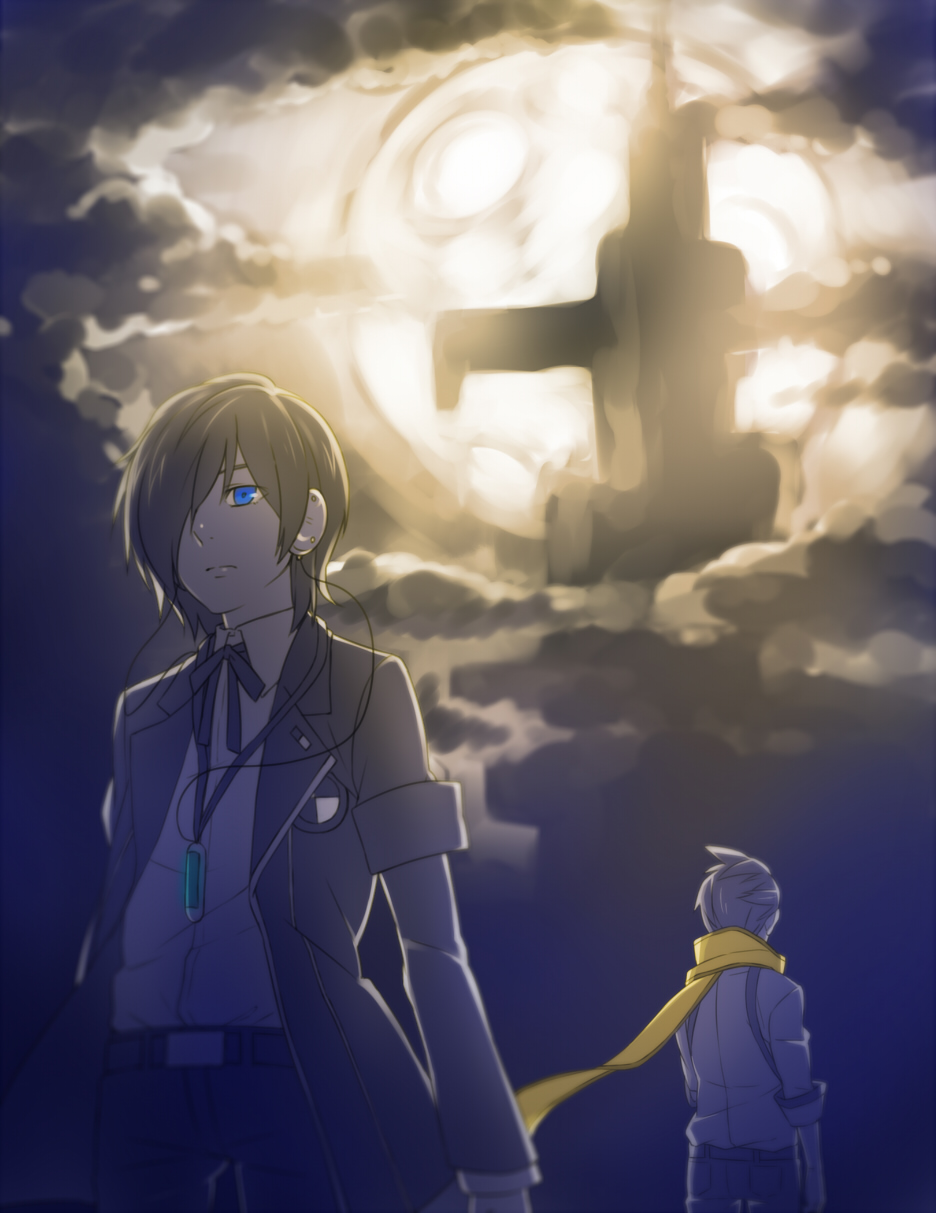 2boys atlus bad_id bad_pixiv_id blue_eyes digital_media_player full_moon hair_over_one_eye headphones highres male_focus mochizuki_ryouji moon multiple_boys nagiko_(mangalove1111) persona persona_3 scarf school_uniform shin_megami_tensei shiori_(1095951) suspenders tartarus yuuki_makoto_(persona_3)