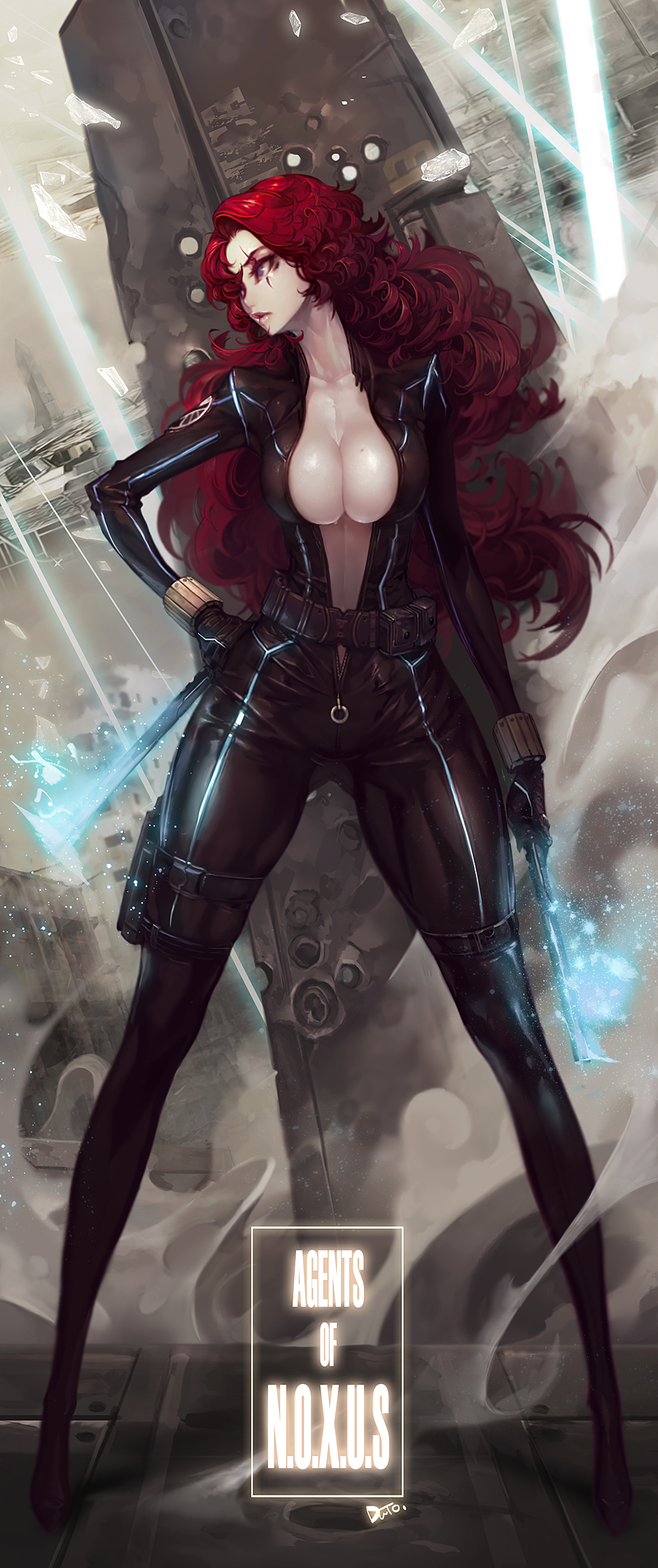 1girl avengers_(series) baton belt big_hair black_gloves black_widow black_widow_(cosplay) bodysuit breasts bullet_hole catsuit center_opening cleavage collarbone cosplay curly_hair dual_wielding duto female_focus full-length_zipper full_body gloves glowing glowing_weapon hand_on_own_hip highres holding holding_weapon holster impossible_bodysuit impossible_clothes katarina_(league_of_legends) knife large_breasts league_of_legends legs_apart light_particles light_rays lips long_hair long_sleeves looking_away looking_to_the_side marvel mole mole_on_breast no_bra pouch red_hair scar scar_across_eye scar_on_face signature skin_tight smoke solo standing sweat thigh_strap unzipped view_between_legs weapon zipper