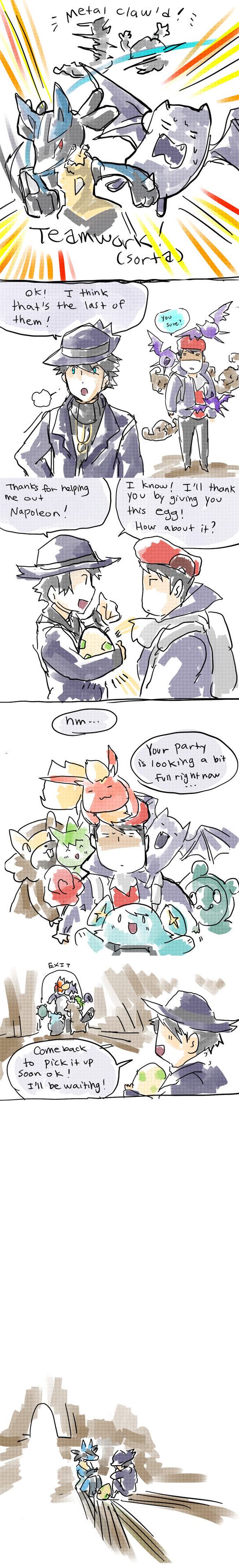 00s 2boys absurdres ascot bibarel bronzor egg english_text fedora fighting flareon formal_clothes gameplay_mechanics gen_1_pokemon gen_3_pokemon gen_4_pokemon geodude golbat graveler hat highres long_image lucario lucas_(pokemon) multiple_boys nintendo njike onyx_(odin_sphere) pokemon pokemon_(creature) pokemon_dppt riley_(pokemon) roselia_(pokemon) shinx suit tall_image twitch_plays_pokemon zubat
