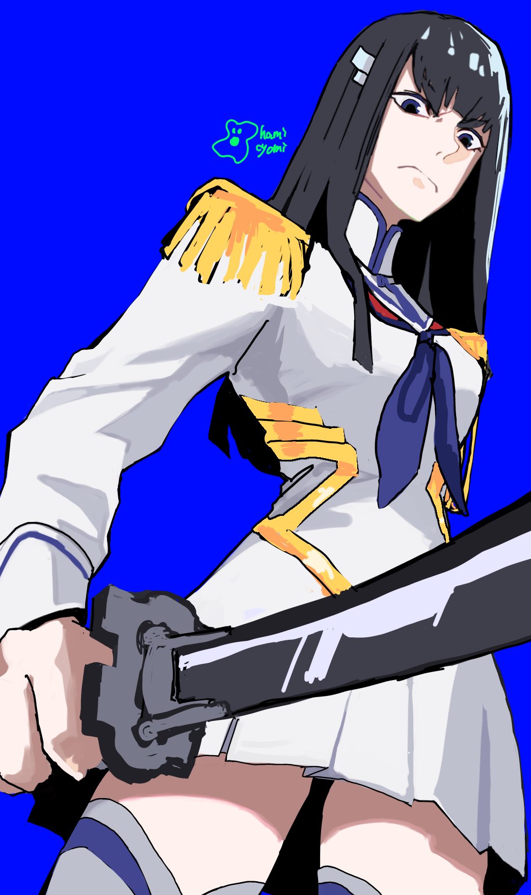 1girl artist_logo artist_name bakuzan black_hair blue_background blue_eyes boots hamicyomi highres holding holding_weapon honnoji_academy_school_uniform junketsu kill_la_kill kiryuuin_satsuki living_clothes logo long_hair school_uniform skirt sword thick_eyebrows thigh_boots thighhighs weapon