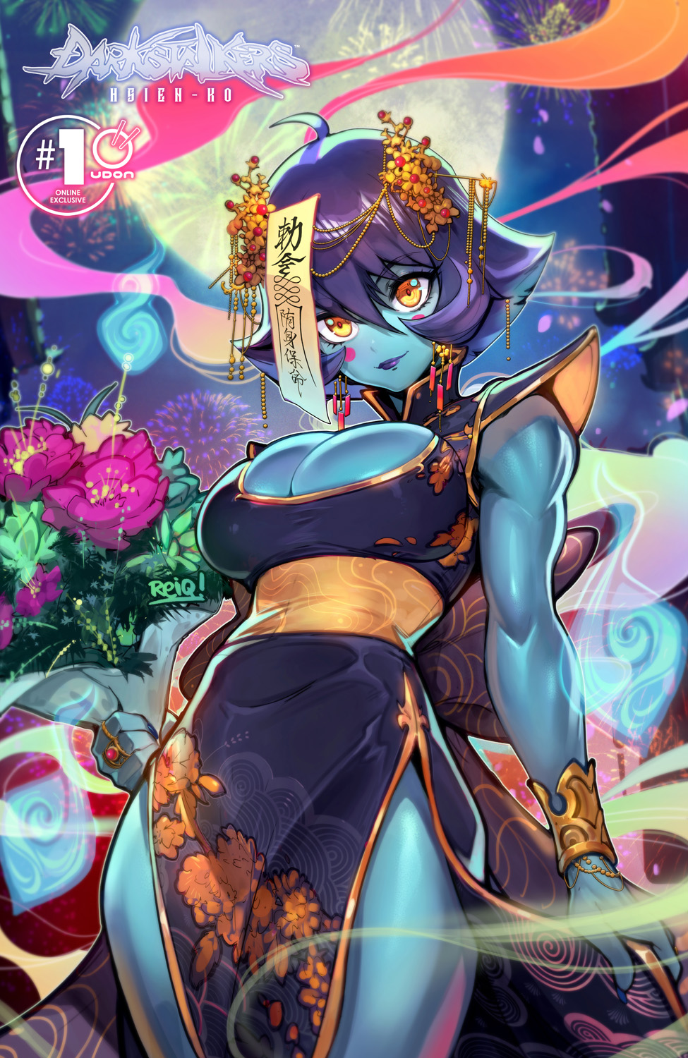 1girl blue_skin breasts capcom cleavage cleavage_cutout clothing_cutout colored_skin highres jiangshi large_breasts hsien-ko official_art ofuda purple_hair reiq talisman undead darkstalkers