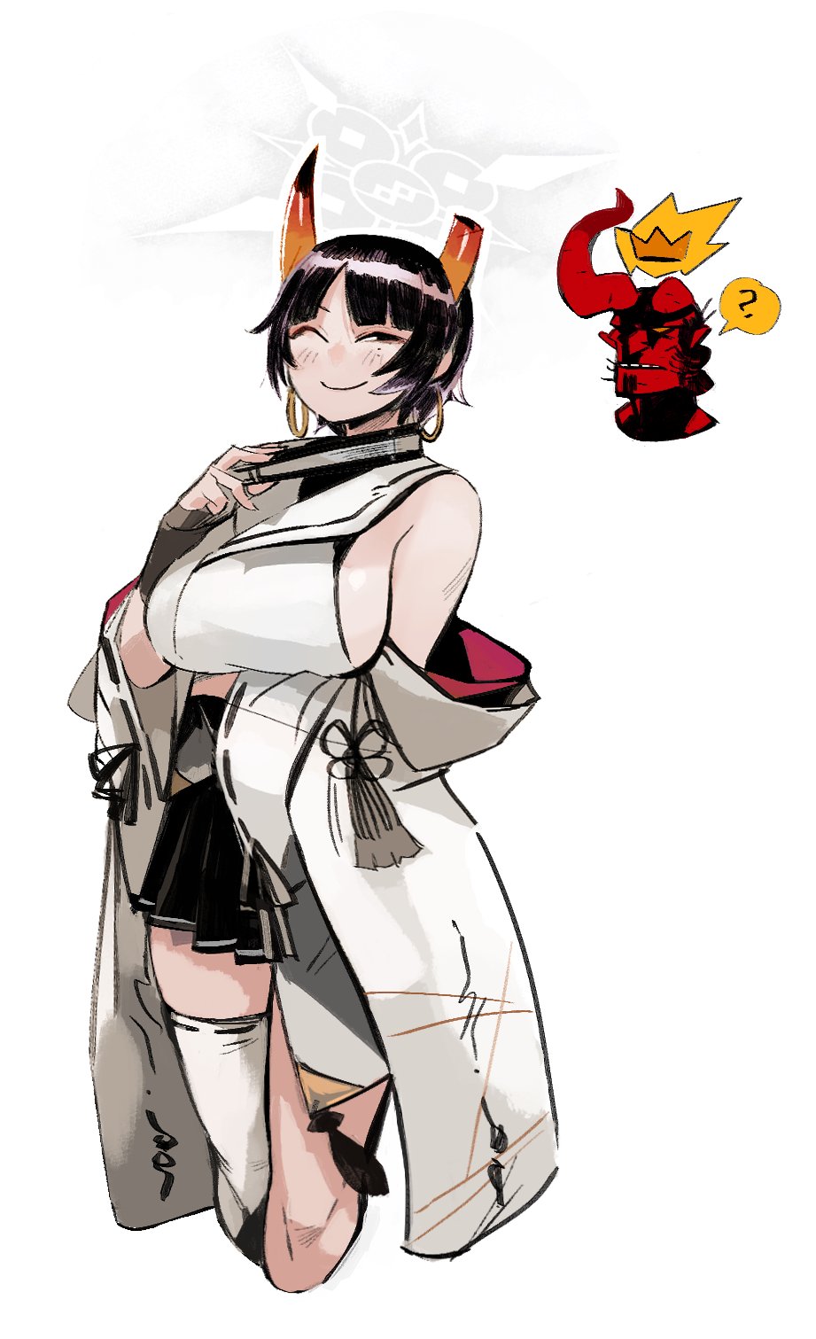 1boy 1girl 33dot ? arm_under_breasts balding black_hair blank_eyes blue_archive breasts bridal_gauntlets broken_horn clenched_teeth colored_skin cropped_legs crown demon_boy detached_sleeves earrings facial_hair fire flaming_crown floating_crown folded_fan folding_fan goatee gradient_horns half-closed_eyes halo hand_fan hand_up head_only hellboy hellboy_(comic) highres holding holding_fan hoop_earrings horns japanese_clothes jewelry kimono large_breasts mini_crown mole mole_under_eye monster_boy multicolored_horns mutton_chops niya_(blue_archive) one_eye_closed orange_horns red_horns red_skin short_hair sideboob sideless_kimono simple_background single_bridal_gauntlet single_thighhigh sleeveless sleeveless_kimono smile speech_bubble spoken_question_mark teeth thighhighs trait_connection unusually_open_eyes white_background white_halo white_kimono white_sleeves white_thighhighs yellow_eyes