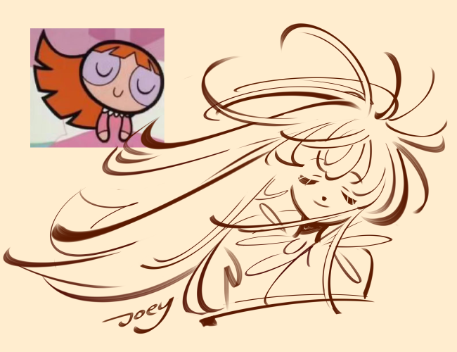 1girl blossom_(ppg) blunt_bangs closed_eyes comfeer derivative_work floating_hair long_hair orange_hair pajamas pink_pajamas powerpuff_girls screenshot_redraw smile