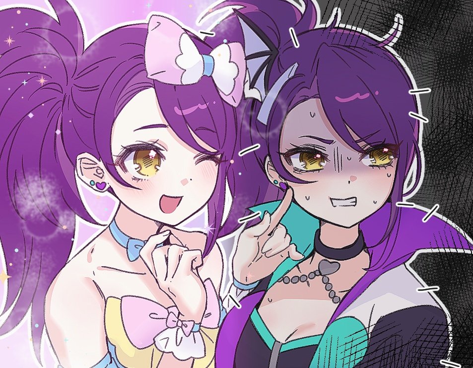 2girls :d annoyed averting_eyes black_choker blue_choker bow cheek_poking choker chuu0105 commentary_request dual_persona earrings hair_bow hands_up heart heart_earrings index_finger_raised jewelry korean_commentary long_hair looking_at_another multiple_girls nervous_sweating one_eye_closed open_mouth outline pink_bow poking polar_opposites pretty_series pripara purple_hair shaded_face side_ponytail smile sweat toudou_shion upper_body white_outline yellow_eyes