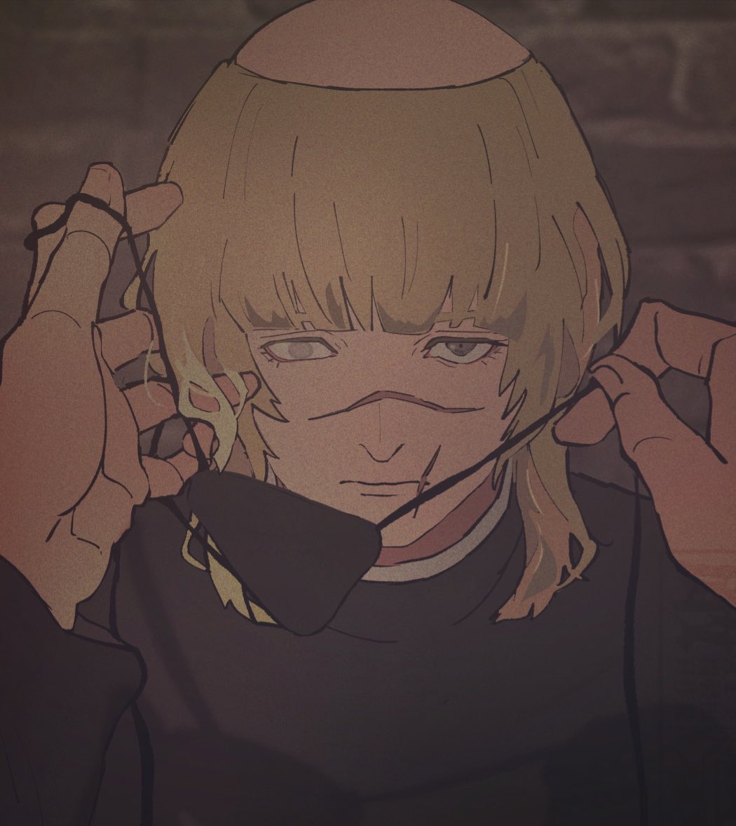2boys badeni black_robe blind blonde_hair blunt_bangs blurry blurry_background brick_wall chi.:_chikyuu_no_undou_ni_tsuite eyepatch grey_eyes looking_at_viewer male_focus medium_hair monk multiple_boys qpsk_6 robe scar scar_on_face scar_on_mouth scar_on_nose tonsure