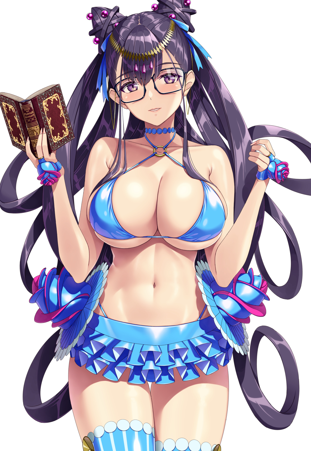 1girl bare_shoulders bikini blue_bikini blue_skirt blue_thighhighs blush book breasts cleavage collarbone cone_hair_bun double_bun fate/grand_order fate_(series) glasses hair_bun hammerman_benkei highres large_breasts long_hair looking_at_viewer microskirt murasaki_shikibu_(fate) murasaki_shikibu_(swimsuit_rider)_(fate) murasaki_shikibu_(swimsuit_rider)_(third_ascension)_(fate) navel purple_eyes purple_hair skirt smile solo swimsuit thighhighs thighs