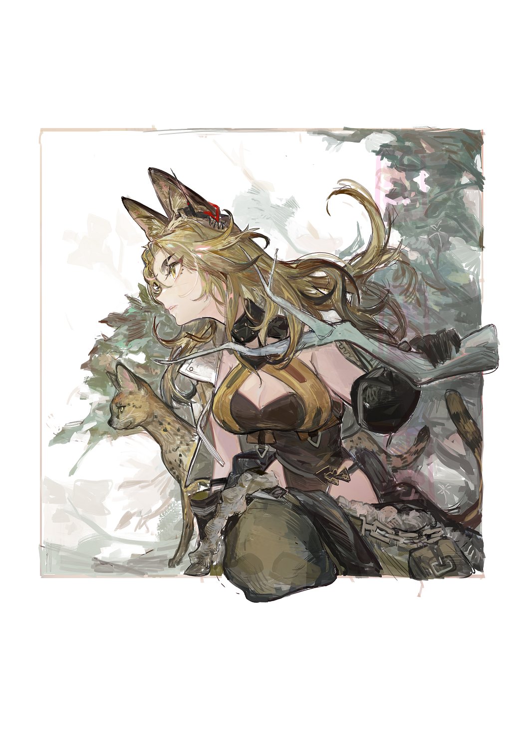 1girl animal_ears arknights bare_shoulders black_gloves blonde_hair breasts cat cat_ears cleavage commentary_request gloves highres long_hair medium_breasts pipidan quercus_(arknights) solo yellow_eyes