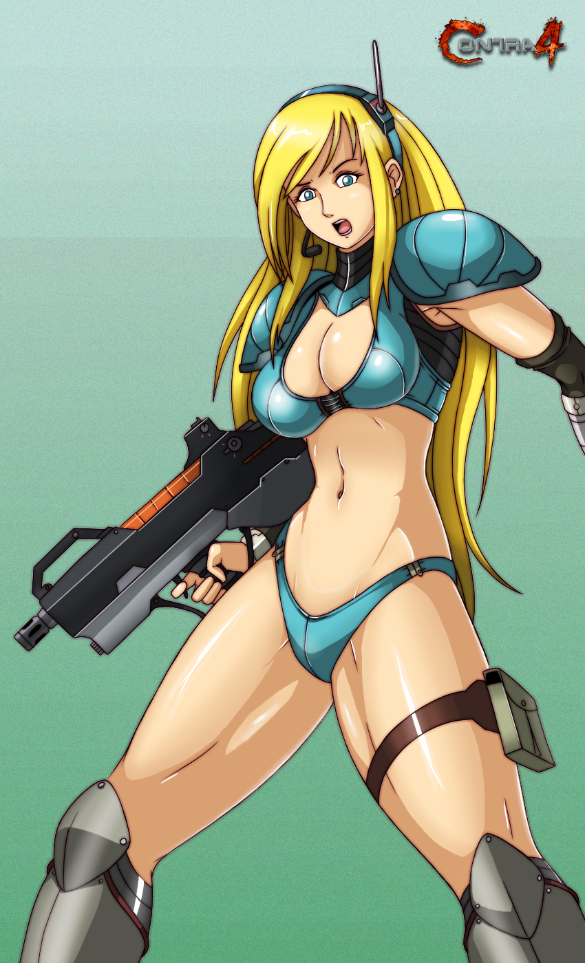 1990s_(style) 1girl armor armorkini bikini bikini_armor blonde_hair blue_eyes boots breasts bullpup contra contra_4 contra_hard_corps copyright_name deadmoon_(kein2002) earrings female_focus game_console gun headgear headset highres jewelry konami long_hair machine_gun retro_artstyle rifle science_fiction sega_mega_drive sheena_etranzi solo swimsuit thighhighs video_game weapon