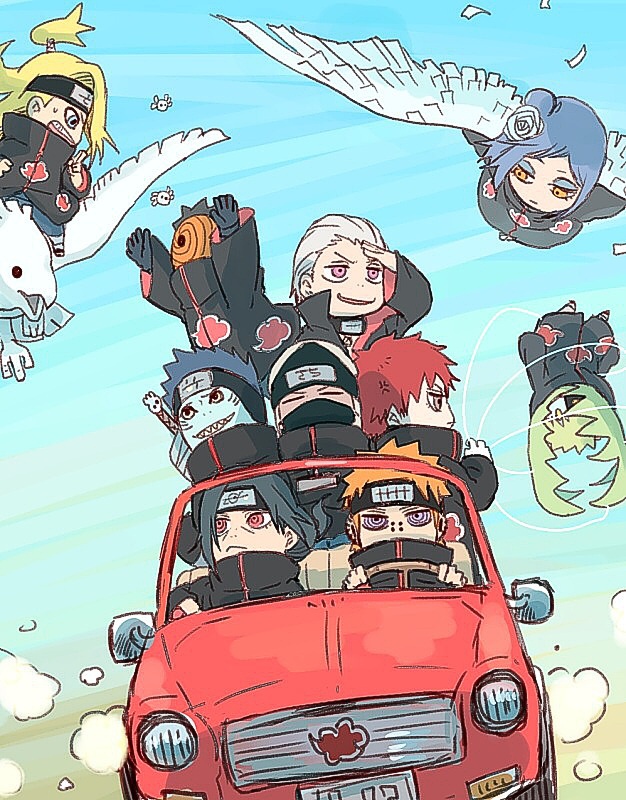 1girl 6+boys akatsuki_(naruto) akatsuki_uniform anger_vein black_hair blonde_hair blue_hair deidara_(naruto) driving gloves hidan_(naruto) hoshigaki_kisame kakuzu_(naruto) konan_(naruto) long_hair looking_at_another meitarou motor_vehicle multiple_boys naruto_(series) naruto_shippuuden pain_(naruto) paper red_hair rinnegan sasori_(naruto) short_hair sitting smile tobi_(naruto) uchiha_itachi uchiha_obito wings zetsu_(naruto)
