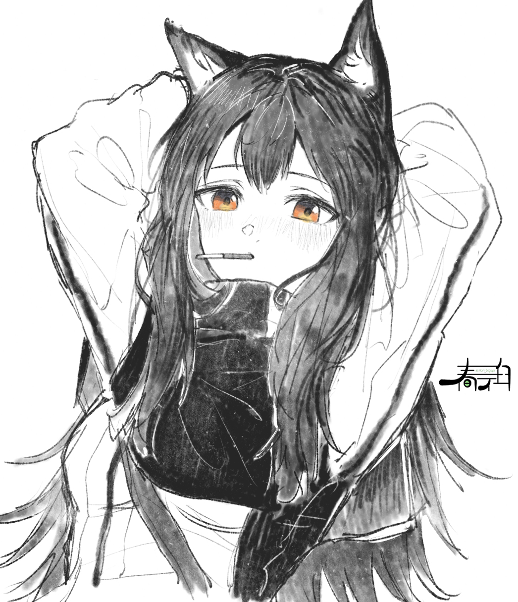 1girl animal_ears arknights arms_behind_head arms_up artist_logo capelet commentary_request food food_in_mouth greyscale harukan_tiusu highres jacket light_blush logo long_sleeves looking_at_viewer monochrome mouth_hold orange_eyes partial_commentary pocky simple_background sketch solo spot_color texas_(arknights) upper_body white_background wolf_ears wolf_girl