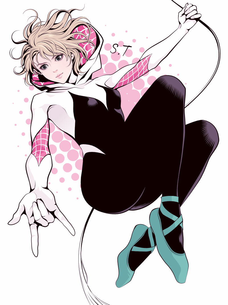 1girl \m/ black_bodysuit blonde_hair bodysuit breasts closed_mouth commentary_request eyelashes eyeshadow full_body green_eyes green_shoes gwen_stacy hood knees_up limited_palette looking_to_the_side makeup marvel medium_hair pink_background pink_lips shoes signature silk small_breasts solo spider-gwen spider-man:_across_the_spider-verse spider-man:_into_the_spider-verse spider-man_(series) spider-verse spider_web spider_web_print spot_color takanashi_shin white_background white_bodysuit