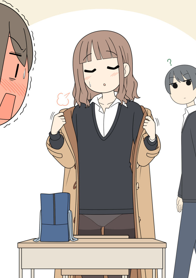 1girl 2boys :o ? bag black_pantyhose black_sweater blush brown_coat closed_eyes coat collared_shirt commentary_request desk flat_color full-face_blush jitome juukyuu medium_hair multiple_boys no_pants open_mouth original panties panties_under_pantyhose pantyhose removing_coat school_desk school_uniform shirt solid_circle_eyes sweatdrop sweater toggles trembling underwear wardrobe_error white_shirt