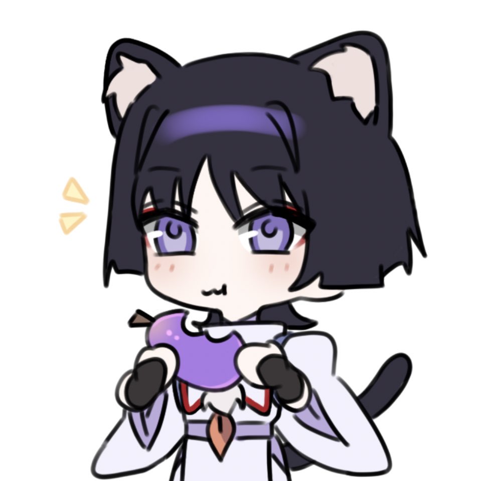 1boy animal_ear_fluff animal_ears armor black_hair blunt_ends cat_boy cat_ears cat_tail cheek_bulge chibi closed_mouth eating eyeliner eyeshadow feathers food fruit genshin_impact holding holding_food holding_fruit japanese_armor japanese_clothes kariginu kote kurokote lavender_melon_(genshin_impact) layered_sleeves long_sleeves looking_past_viewer makeup male_focus notice_lines pom_pom_(clothes) purple_eyes purple_sleeves red_eyeliner red_eyeshadow ribbon scaramouche_(genshin_impact) scaramouche_(kabukimono)_(genshin_impact) solo tail wavy_mouth white_background white_sleeves x_makila yellow_feathers