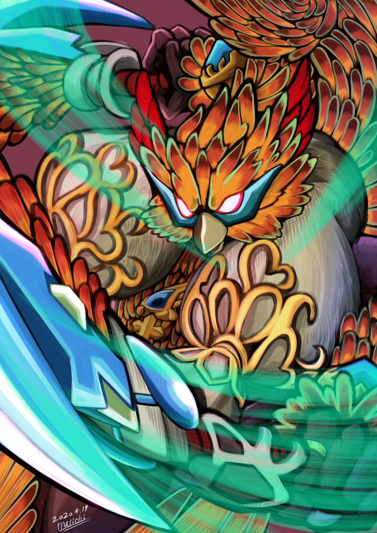 1other 2020 agetatekoron2 bag beak bird dual_wielding feathers glowing glowing_eyes highres holding nintendo orange_feathers red_feathers roc_(xenoblade) scythe signature simple_background solo wind xenoblade_chronicles_(series) xenoblade_chronicles_2