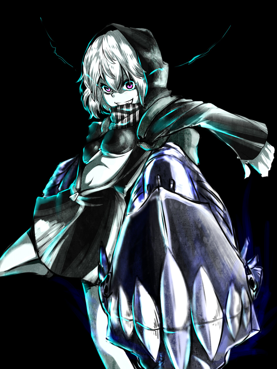 1girl bandeau black_bandeau black_dress breasts colored_skin commentary_request dress eye_trail foot_out_of_frame grin highres hood hood_up kantai_collection light_trail looking_at_viewer medium_breasts open_clothes open_dress pink_eyes re-class_battleship shika_miso short_hair simple_background smile solo underboob white_hair white_skin