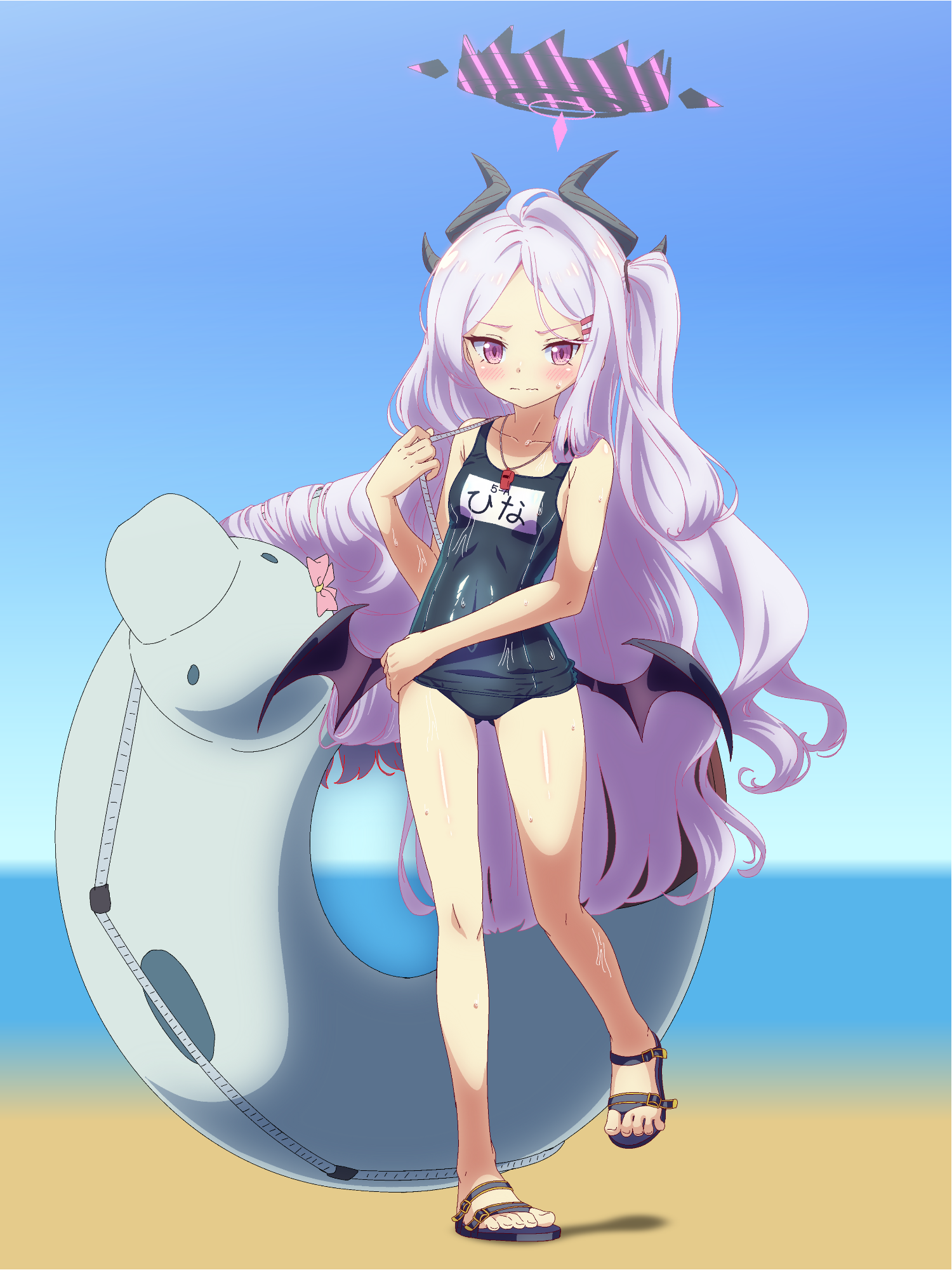 1girl ahoge blue_archive blue_one-piece_swimsuit blush demon_girl demon_horns demon_wings duck_innertube flat_chest hair_ornament hairclip halo highres hina_(blue_archive) hina_(swimsuit)_(blue_archive) horns innertube jin_rey long_hair looking_at_viewer low_wings multiple_horns name_tag official_alternate_costume old_school_swimsuit one-piece_swimsuit parted_bangs purple_eyes purple_wings school_swimsuit solo swim_ring swimsuit very_long_hair whistle whistle_around_neck white_hair white_innertube wings