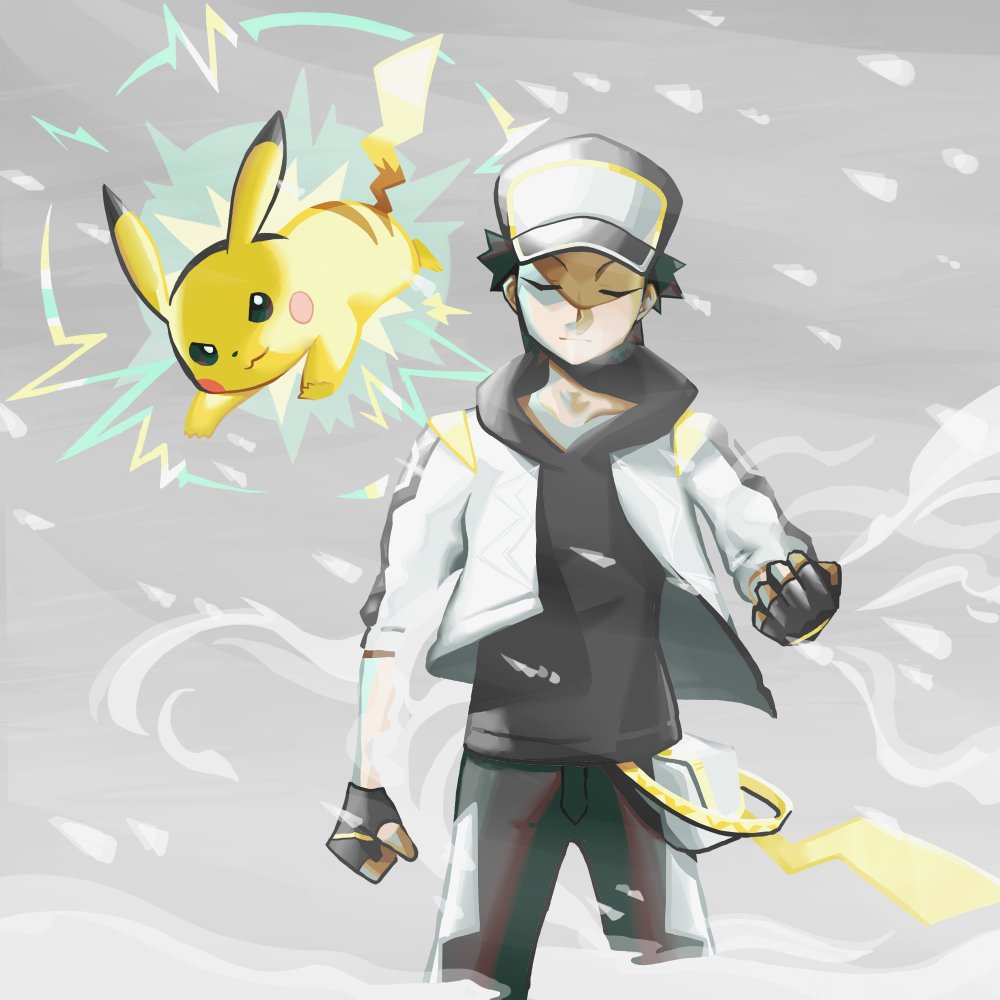 1boy baseball_cap black_gloves black_hair black_pants breath clenched_hands closed_eyes closed_mouth commentary electricity facing_viewer ffccll fingerless_gloves gen_1_pokemon gloves grey_background hat jacket male_focus nintendo official_alternate_costume open_clothes open_jacket pants pikachu pokemon pokemon_(creature) pokemon_masters_ex red_(pokemon) red_(sygna_suit)_(thunderbolt)_(pokemon) short_hair symbol-only_commentary white_jacket