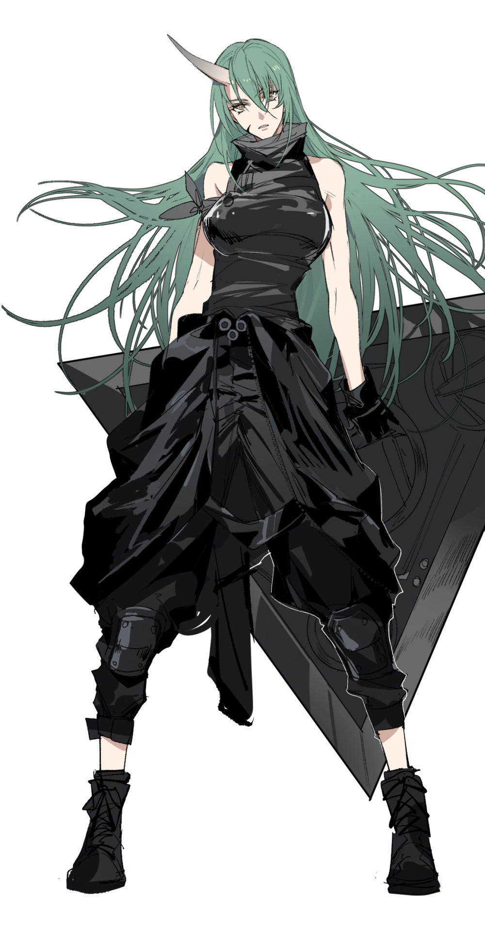 1girl arknights arm_scarf black_boots black_gloves black_jacket black_pants black_shirt boots chinese_commentary clothes_around_waist commentary_request expressionless full_body gloves green_hair highres holding holding_shield horns hoshiguma_(arknights) jacket jacket_around_waist long_hair looking_at_viewer pants parted_lips scar scar_on_face shield shirt simple_background single_horn skin-covered_horns sleeveless sleeveless_shirt solo white_background xiandao1213 yellow_eyes