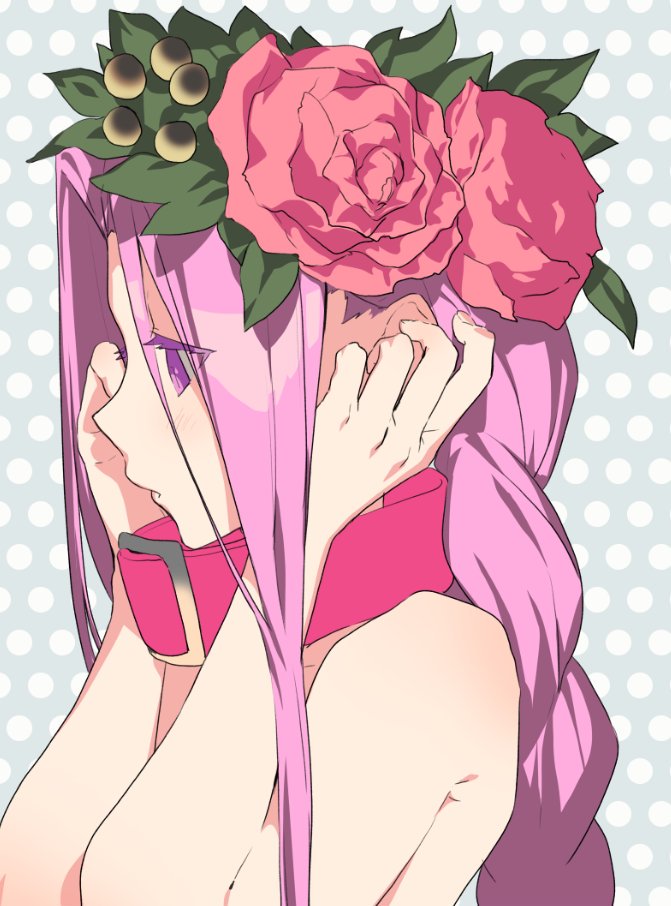 1girl akinashi_yuu armpit_crease braid collar commentary_request fate/grand_order fate_(series) flower from_side hair_flower hair_ornament medusa_(fate) medusa_(lancer)_(fate) nude pink_collar pink_eyes pink_hair polka_dot polka_dot_background profile rider solo upper_body