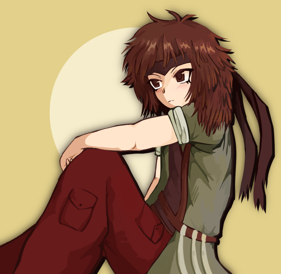 1other androgynous belt black_headband black_outline blush brown_belt brown_eyes brown_hair brown_skirt closed_mouth eyelashes feet_out_of_frame green_jacket gzpxllztt hand_on_own_knee headband jacket knees_up knife kurohebi len&#039;en light_frown messy_hair outline pants pocket red_pants sitting skirt solo yellow_background