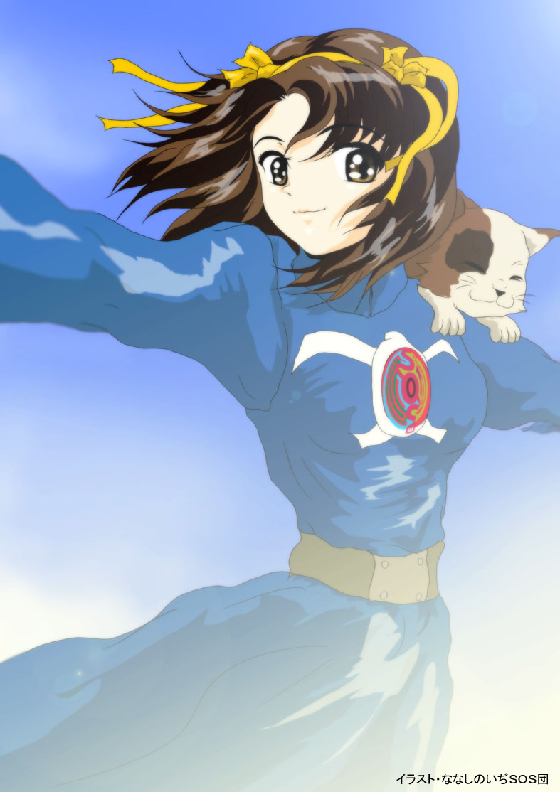 1girl brown_eyes brown_hair calico cosplay dress female_focus kaze_no_tani_no_nausicaa logo nanashi_noiji nausicaa nausicaa_(cosplay) non-web_source outstretched_arms shamisen_(suzumiya_haruhi) short_hair solo spread_arms suzumiya_haruhi suzumiya_haruhi_no_yuuutsu