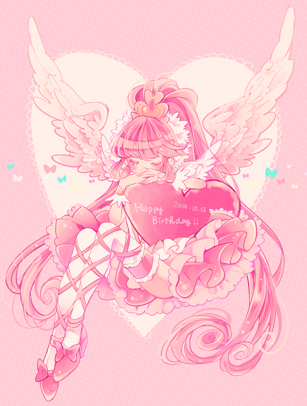 1girl aino_megumi angel_wings bow commentary_request cure_lovely dated dress feathered_wings footwear_bow frilled_dress frilled_sleeves frilled_thigh_strap frilled_wrist_cuffs frills full_body hair_ornament halftone halftone_background happinesscharge_precure! happy_birthday heart heart_hair_ornament high_heels highres interlocked_fingers leg_ribbon long_hair magical_girl own_hands_together pink_background pink_bow pink_dress pink_hair pink_ribbon pink_shoes pink_theme pink_wrist_cuffs ponytail precure protected_link pumps ribbon shoes short_dress short_sleeves sitting solo super_happiness_lovely thigh_strap thighhighs very_long_hair white_sleeves white_thighhighs white_wings wings wrist_cuffs yuucho_(cololal)