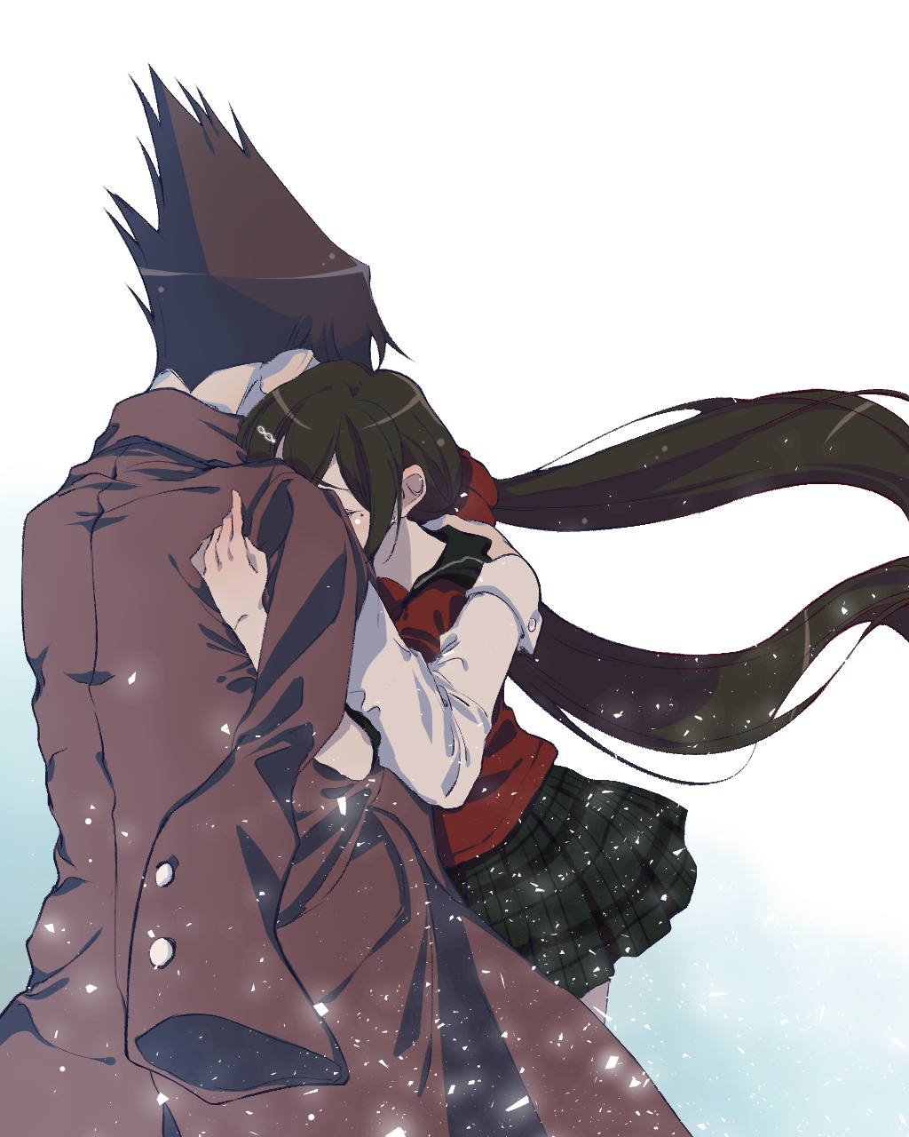 1boy 1girl black_hair buttons danganronpa_(series) danganronpa_v3:_killing_harmony hair_ornament hairpin harukawa_maki hetero highres hug jacket jingle long_hair miniskirt mole momota_kaito purple_hair red_shirt school_uniform serafuku shirt simple_background skirt spiked_hair thighs twintails white_shirt